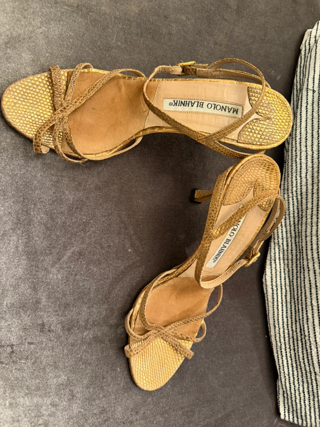 Manolo Blahnik Gold Snake Print Heeled Sandals - photo 5