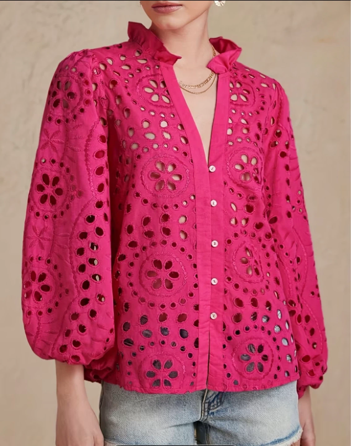 Women's Broderie Anglaise Blouse - Fuchsia 🩷🩷🩷