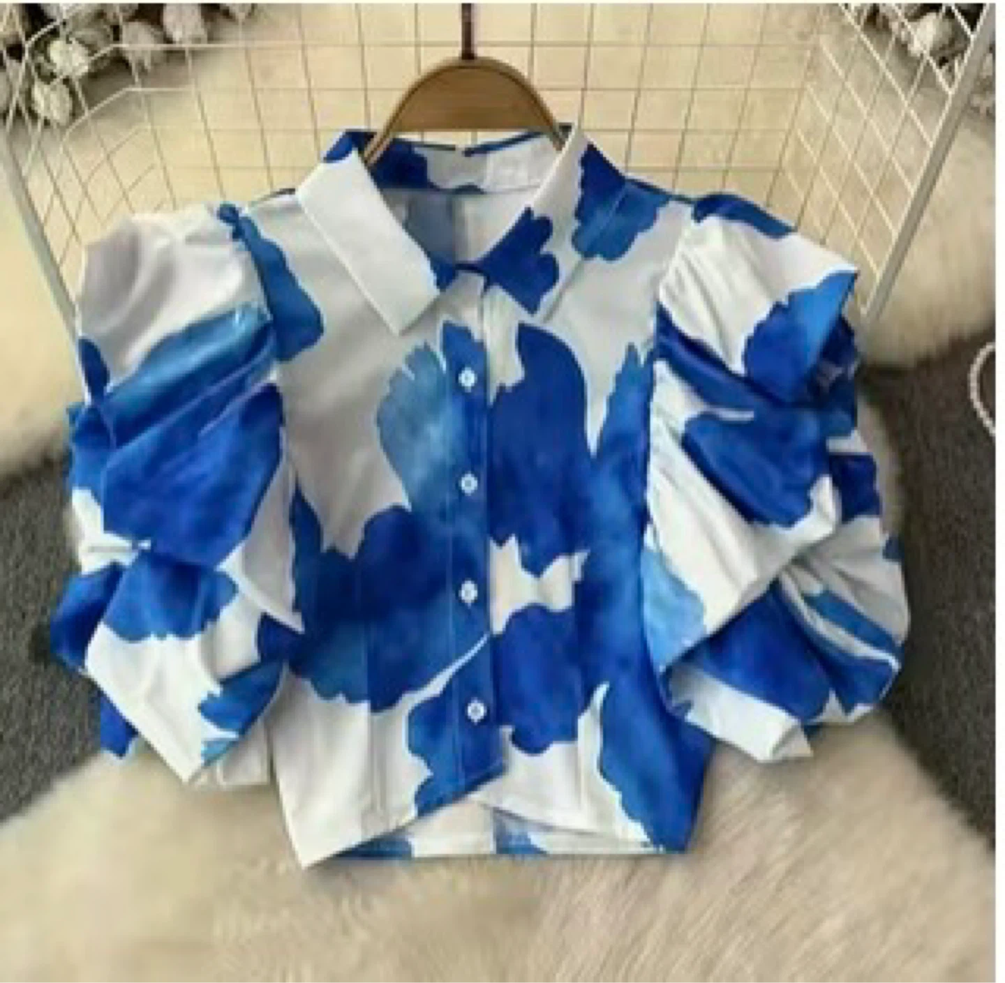 Blue and White Abstract Print Puff Sleeve Blouse