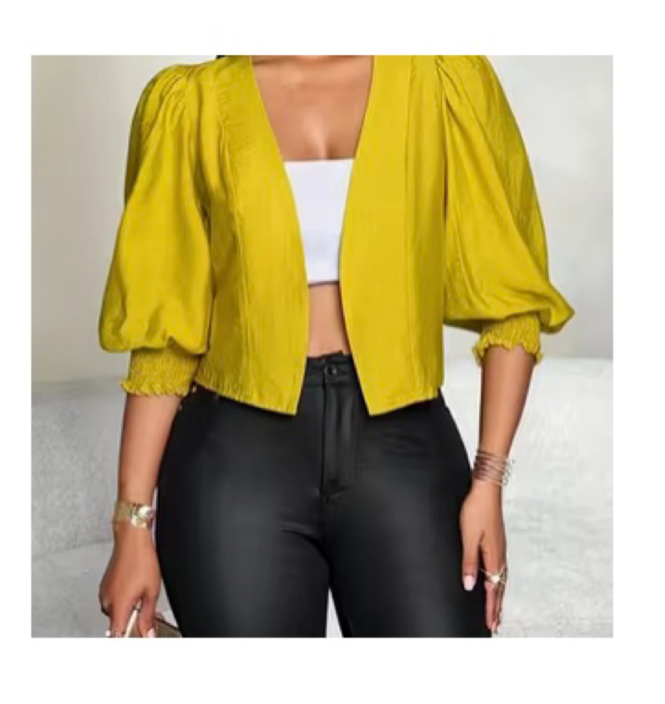 Yellow Puff Sleeve Open Front Cropped Jacket💛💛💛
