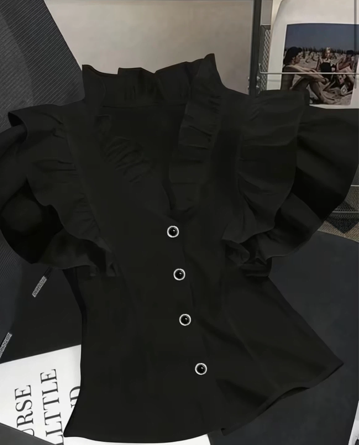 Black Ruffled Button-Up Blouse