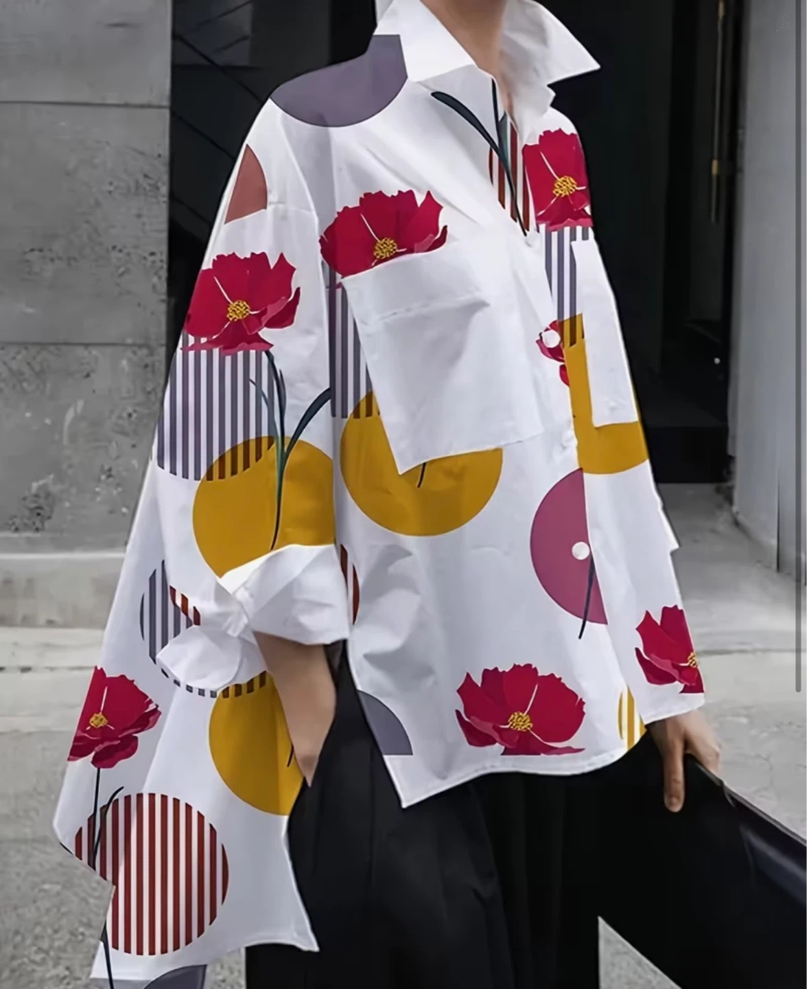 White Floral Print Oversized Blouse