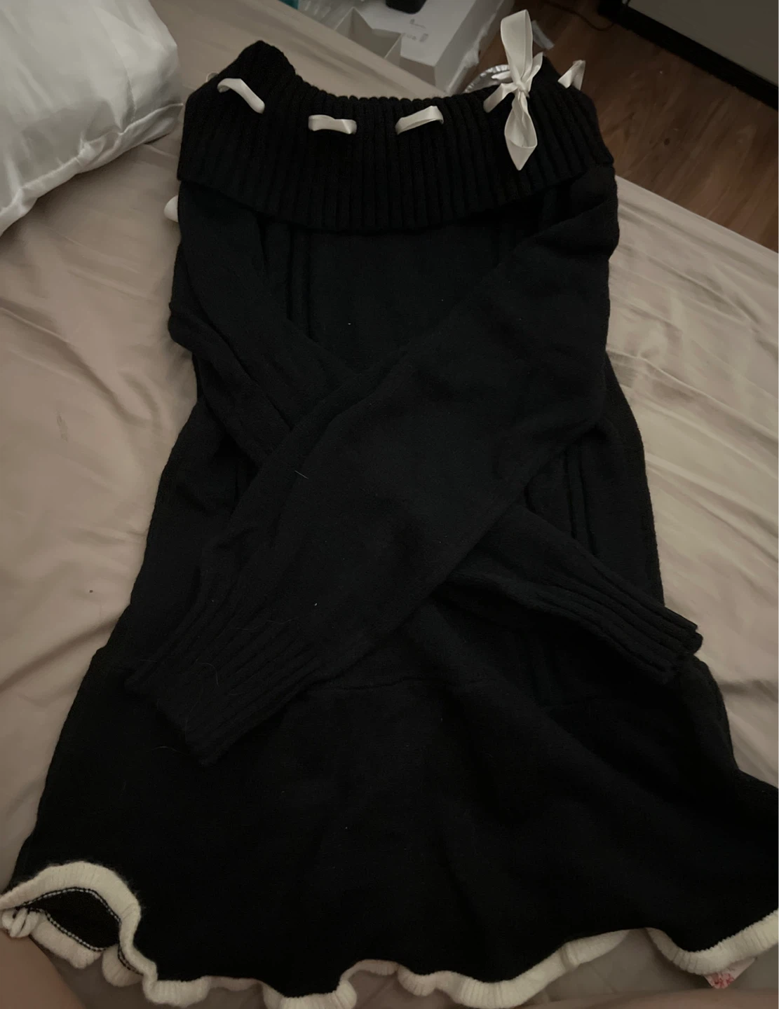 Black Sweater Dress with White Bow