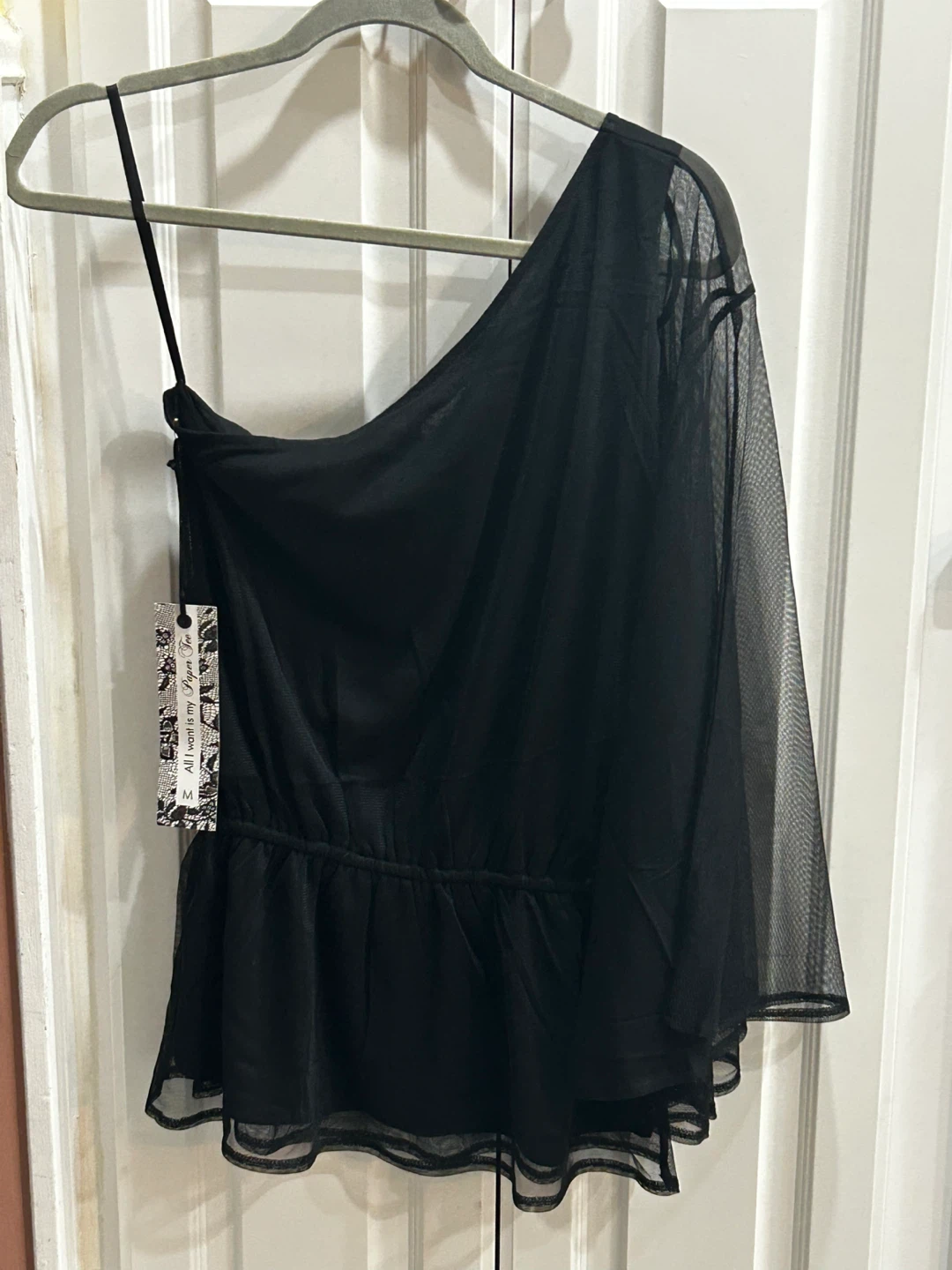 Paper Tee Black One Shoulder Sheer Mesh Top NWT Size M