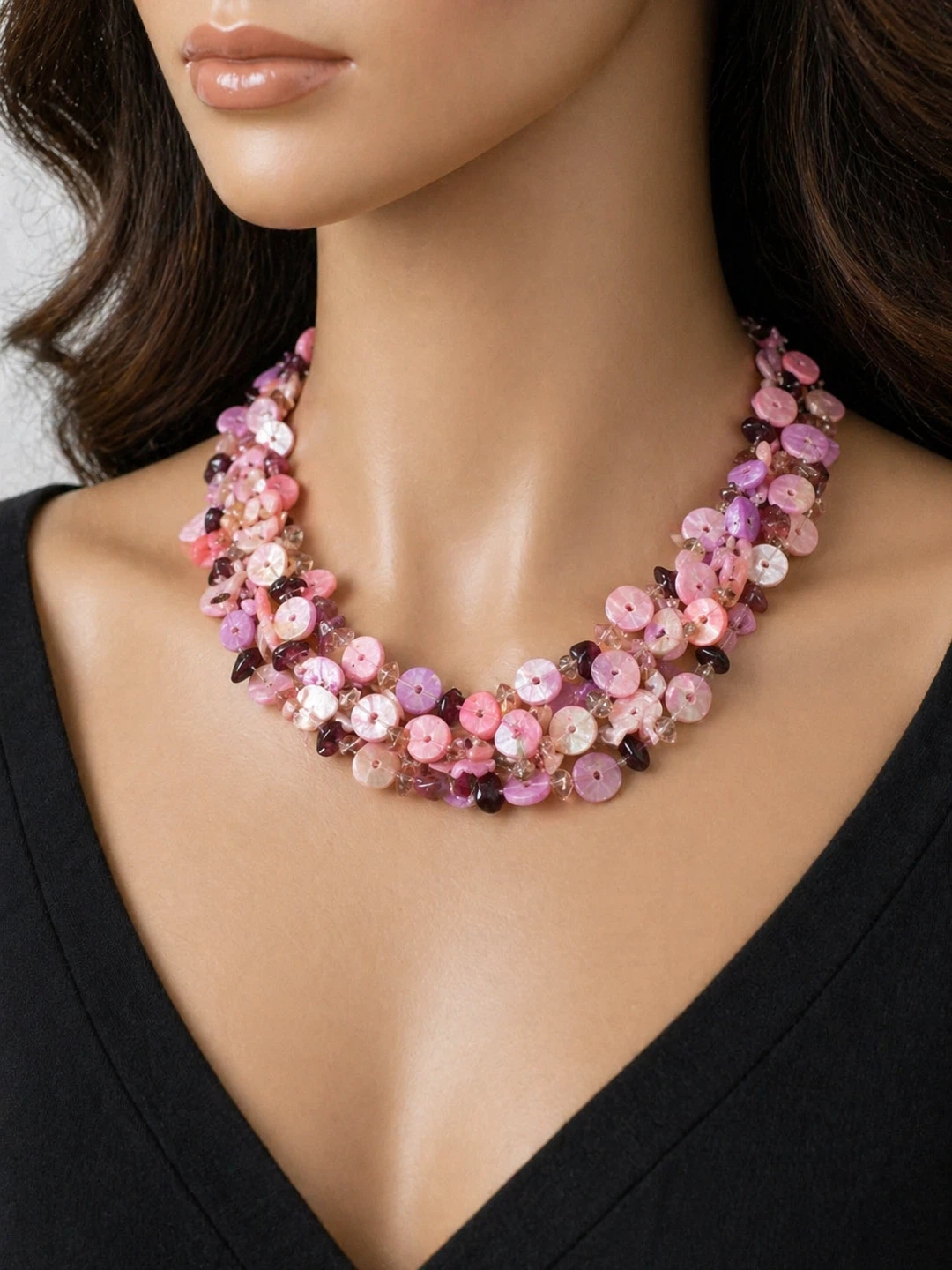 Vintage Multi Strand Pink Sequin Beaded Statement Necklace