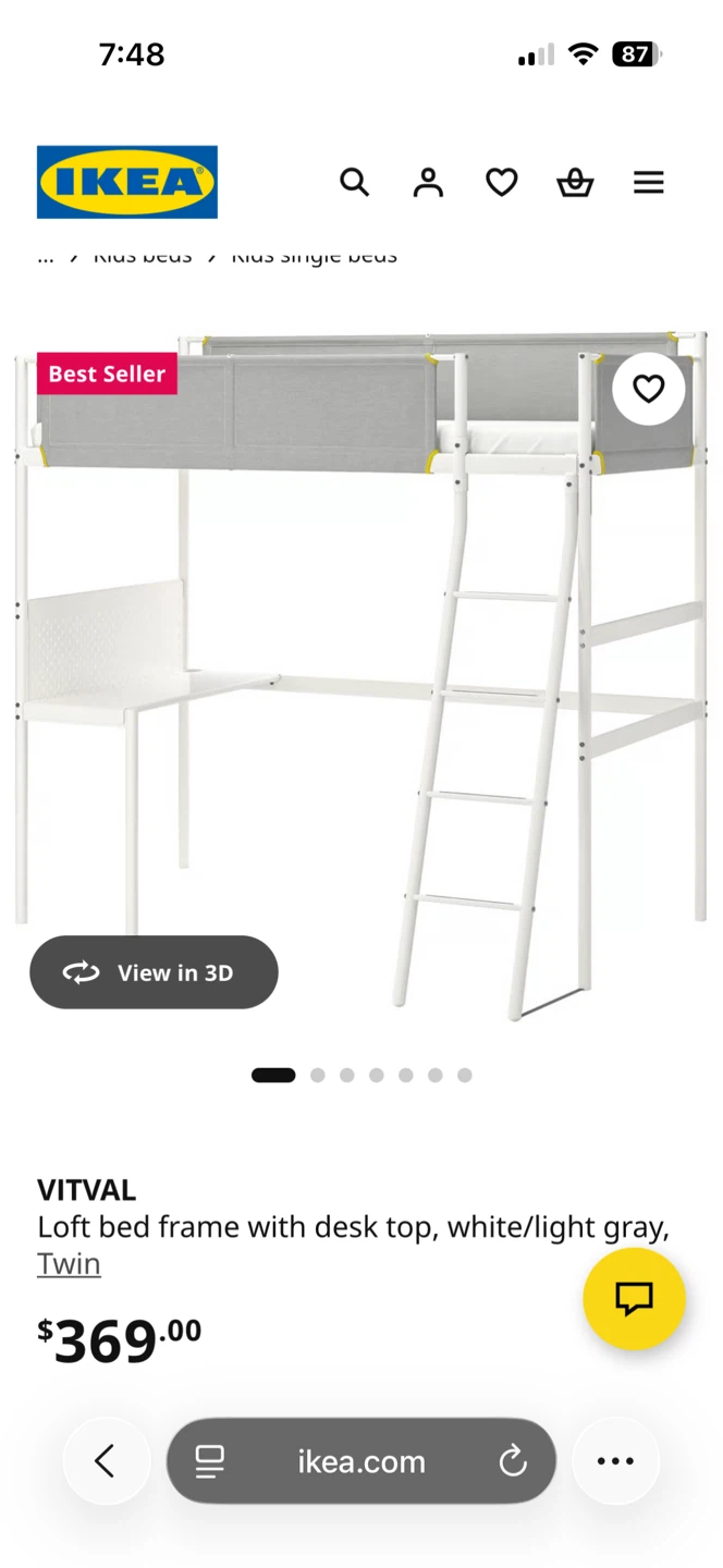 IKEA  VITVAL Loft bed frame with desk , white/light gray, Twin