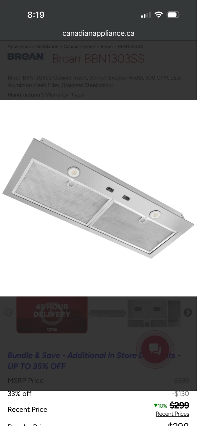 Broan BBN1303SS 30" Stainless Steel Cabinet Insert Range Hood