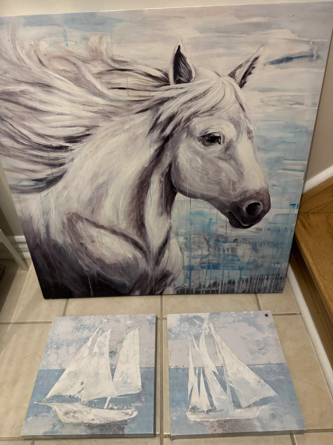 Set of 3 Canvas Wall Art Prints - Horse and Sailboats