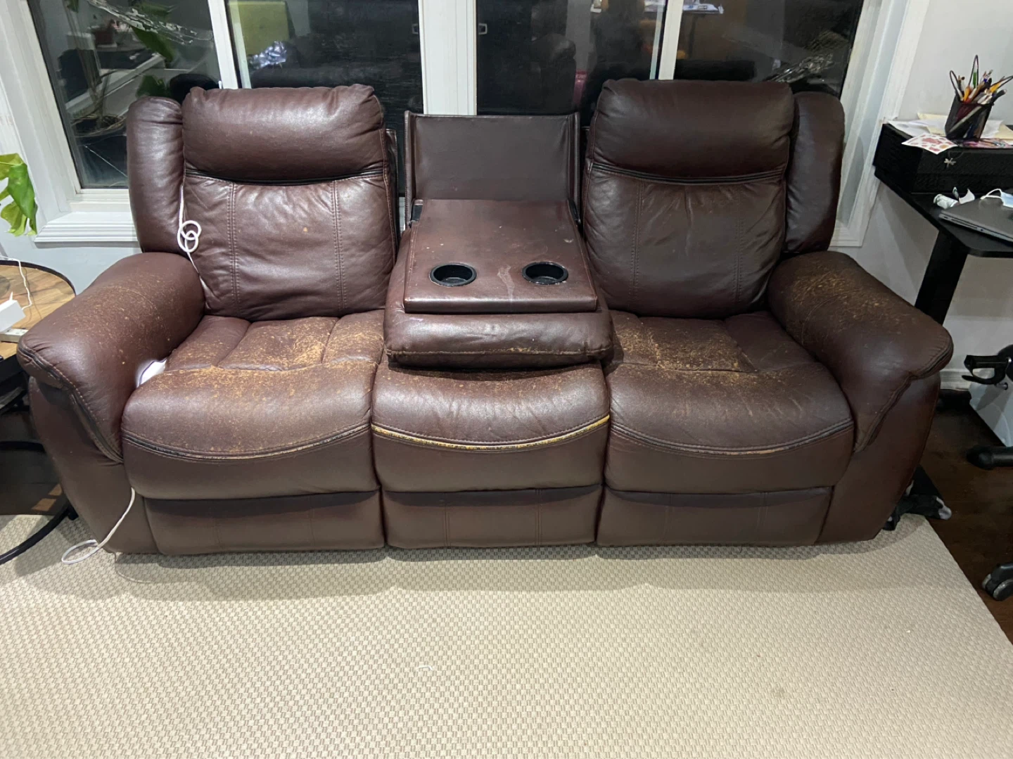 Brown Leather Reclining Loveseat with Console - photo 2