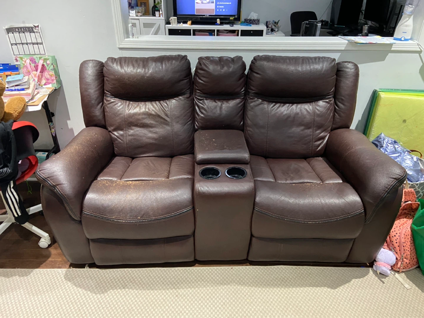 Brown Leather Reclining Loveseat with Console