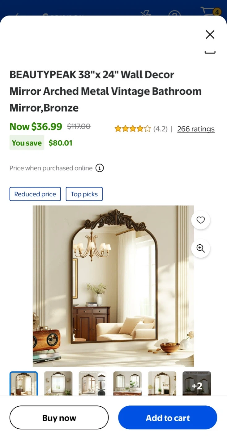 BEAUTYPEAK 38"x 24" Arched Metal Wall Mirror, Bronze - photo 2