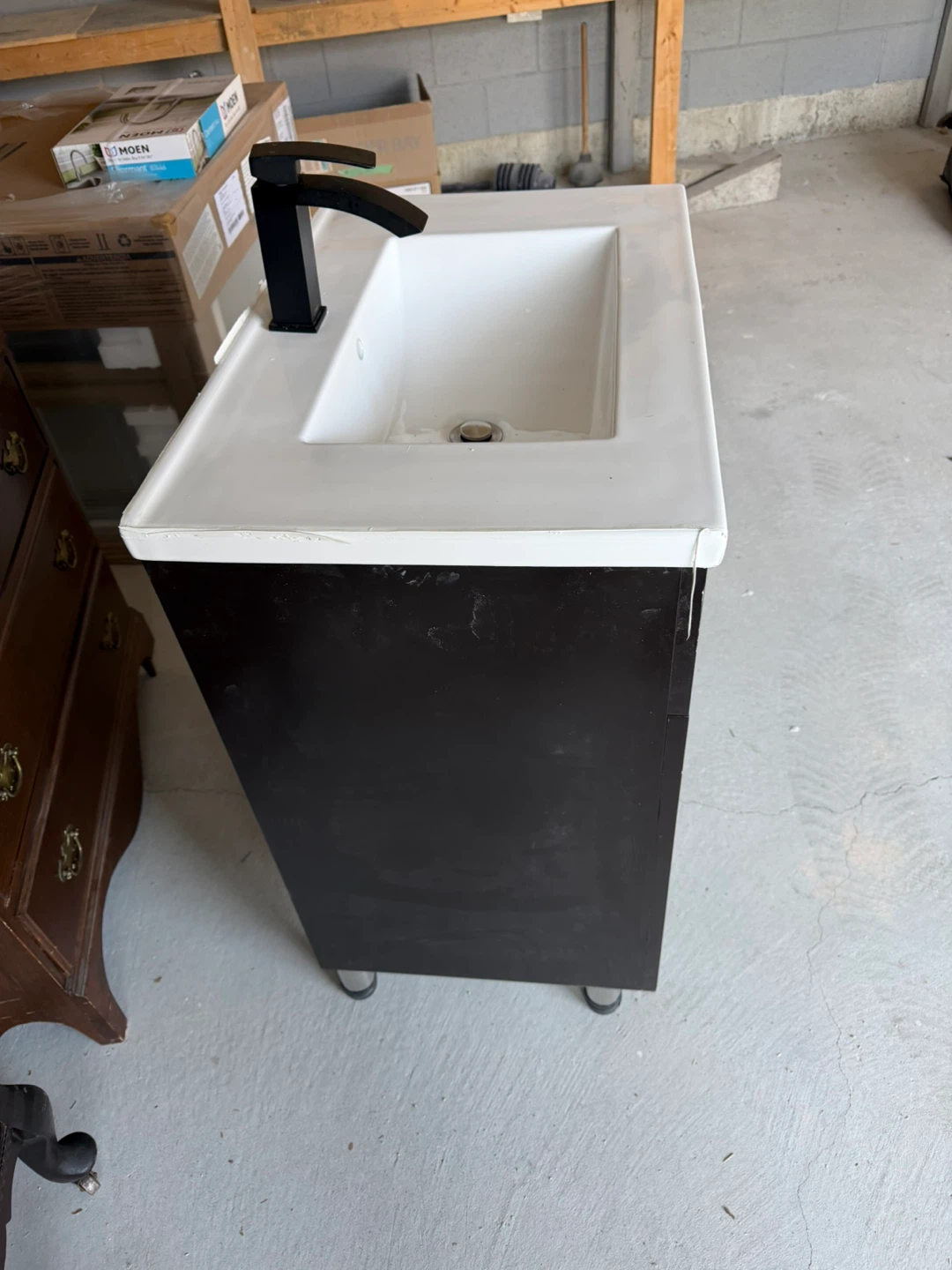 Dark Brown Vanity with White Sink and Black Faucet - photo 2