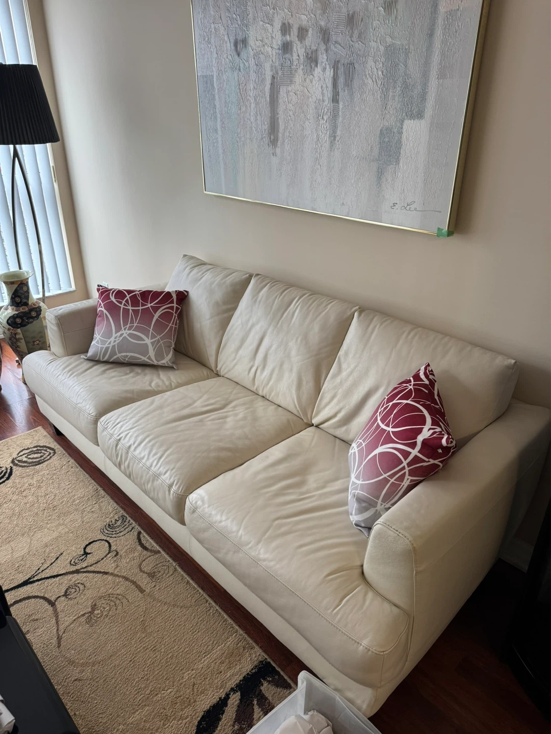 Cream Leather Sofa with 2 Pillows
