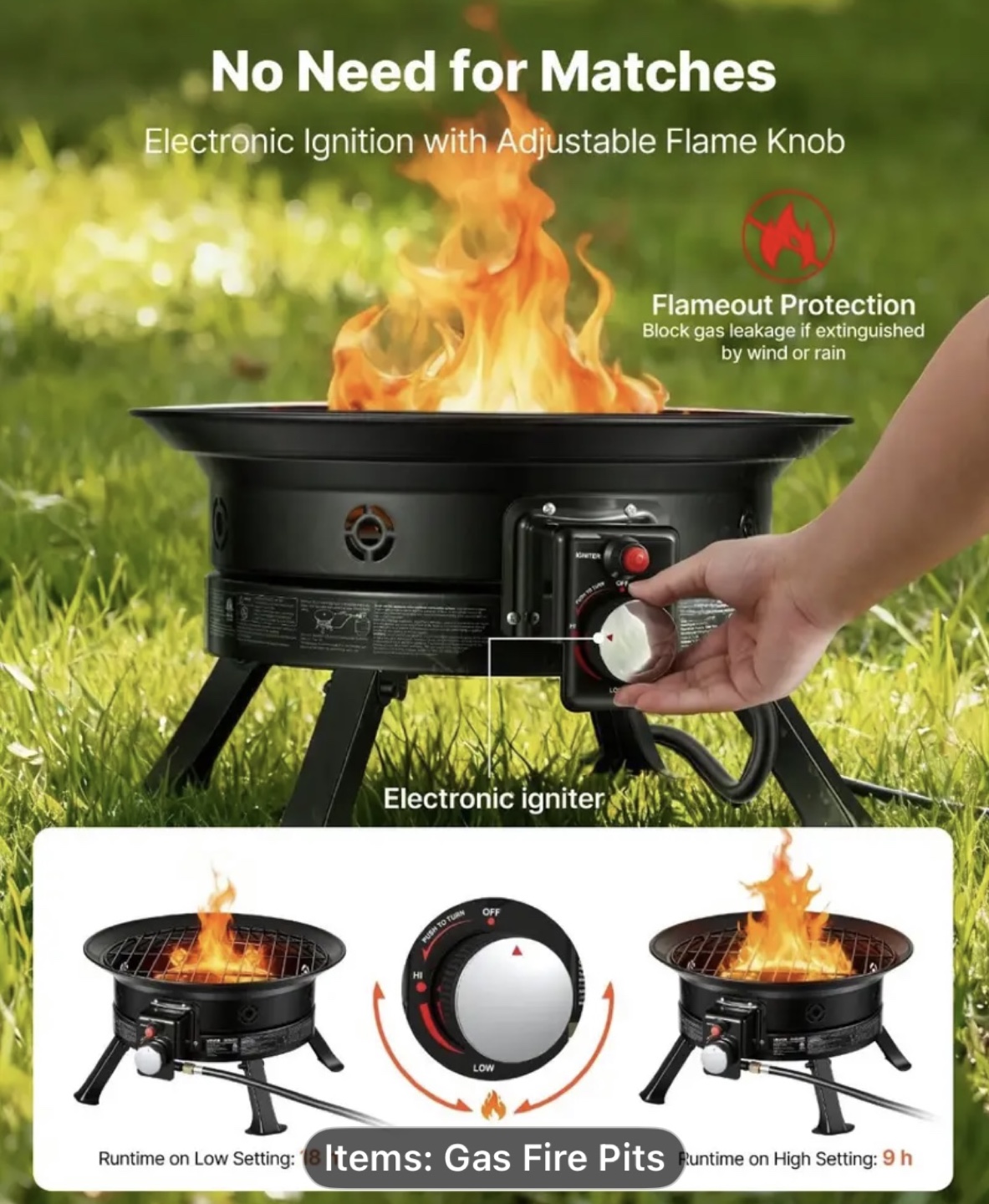 Black 19-Inch Portable Propane Gas Fire Pit - photo 2