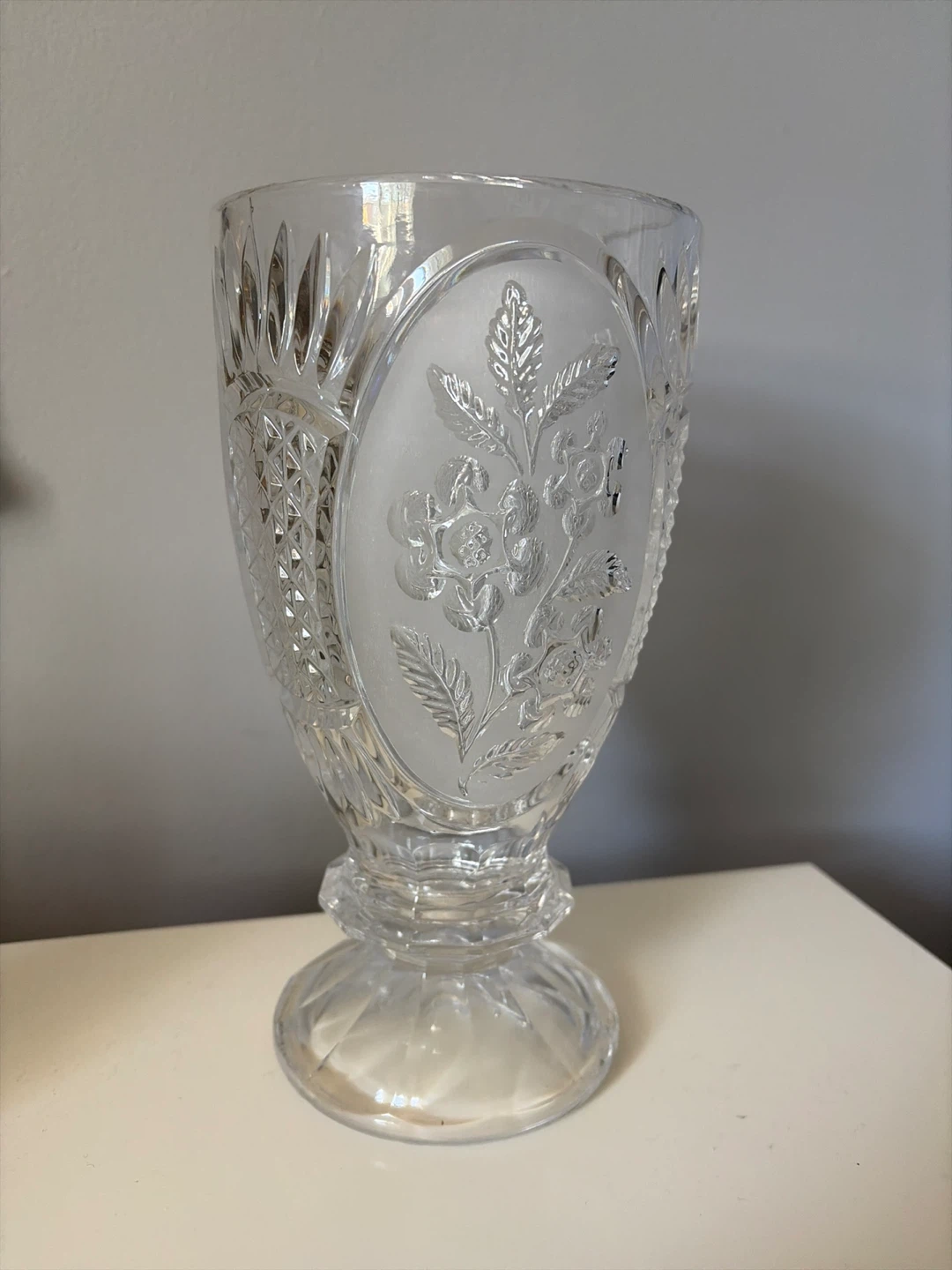 Vintage Cut Crystal Vase with Frosted Floral Design