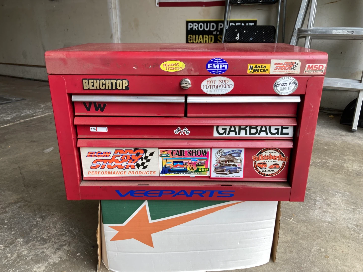 Red Benchtop Toolbox 4 drawers and flip top color red