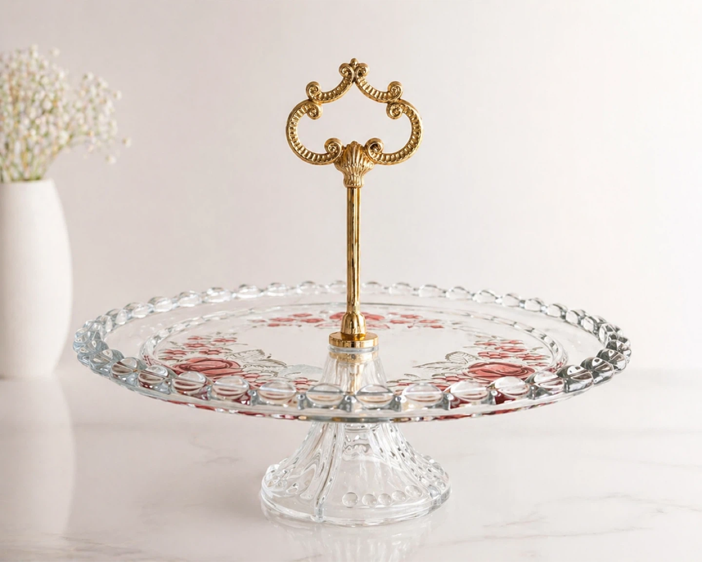 Glass Pedestal Cake Stand with Gold Handle