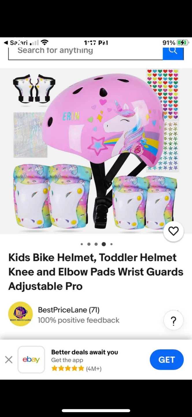Girls unicorn bike helmet with elbow, knee, and wrist guards