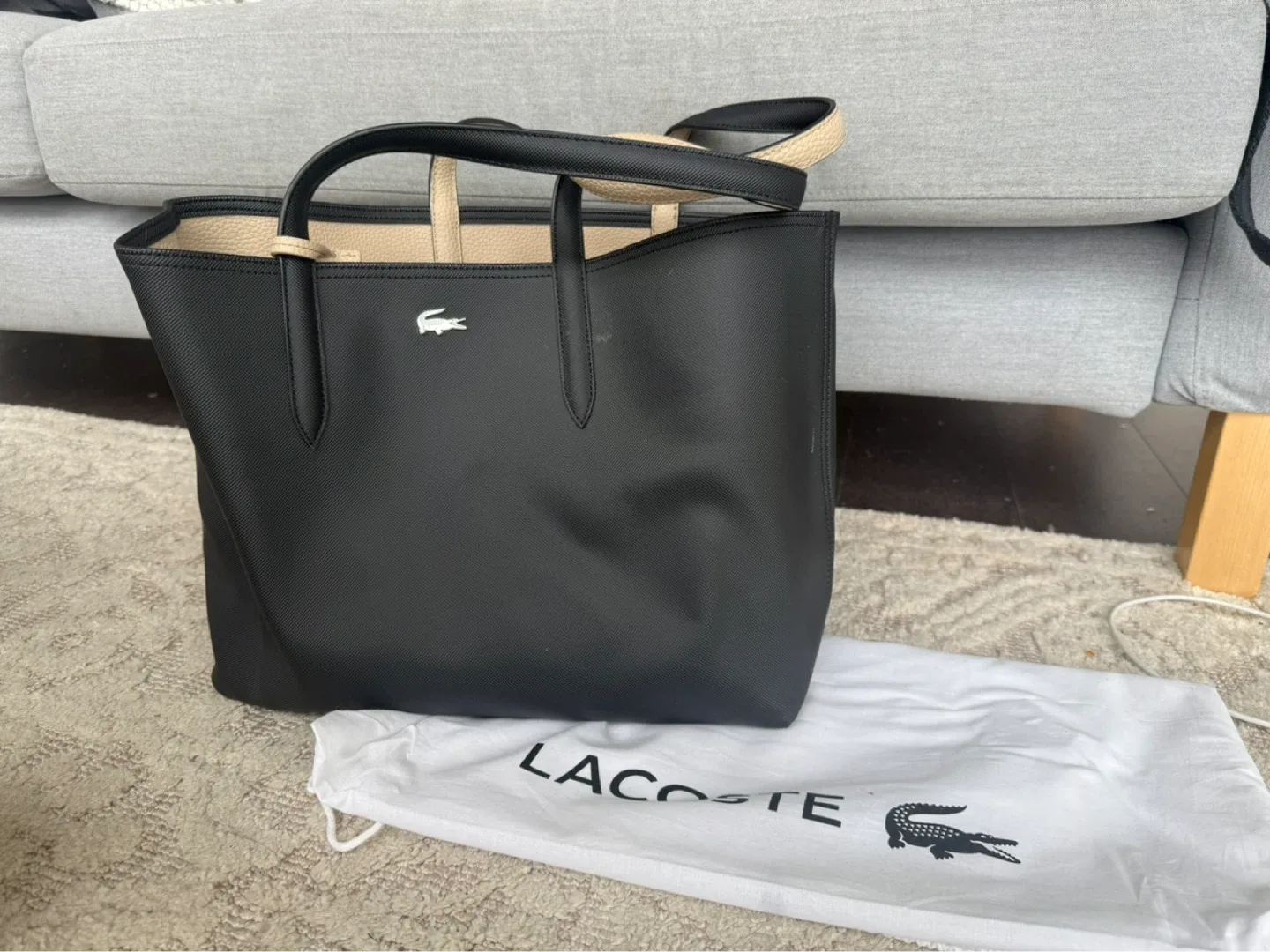 Lacoste reversible tote bag in black and beige