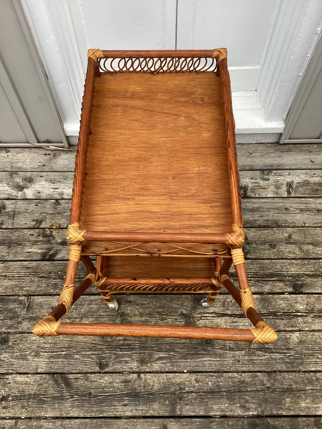 Vintage Rattan Bar Cart with Wheels - photo 3