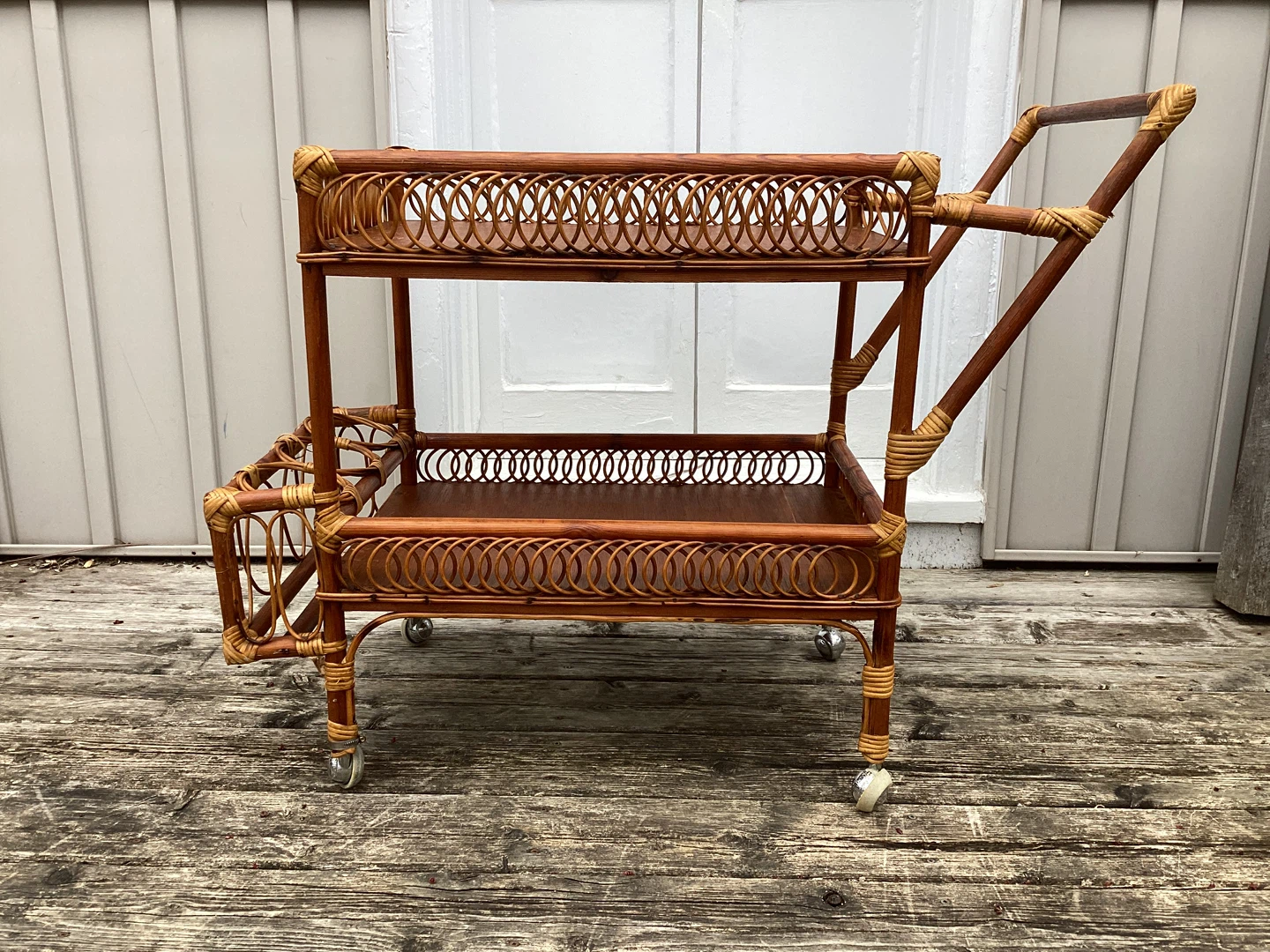 Vintage Rattan Bar Cart with Wheels - photo 4