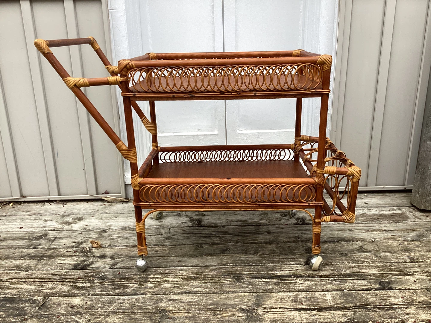 Vintage Rattan Bar Cart with Wheels