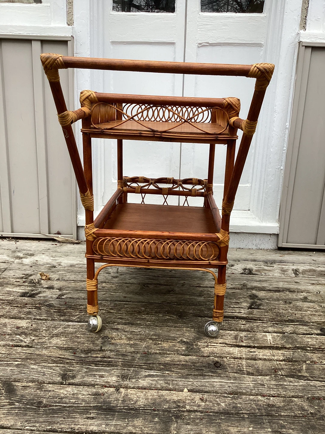 Vintage Rattan Bar Cart with Wheels - photo 2