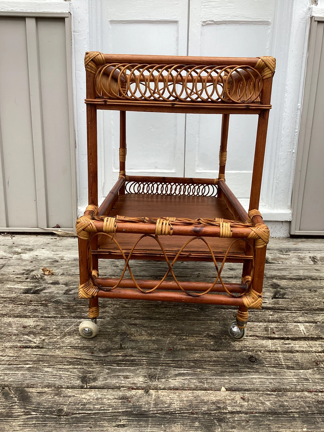 Vintage Rattan Bar Cart with Wheels - photo 5