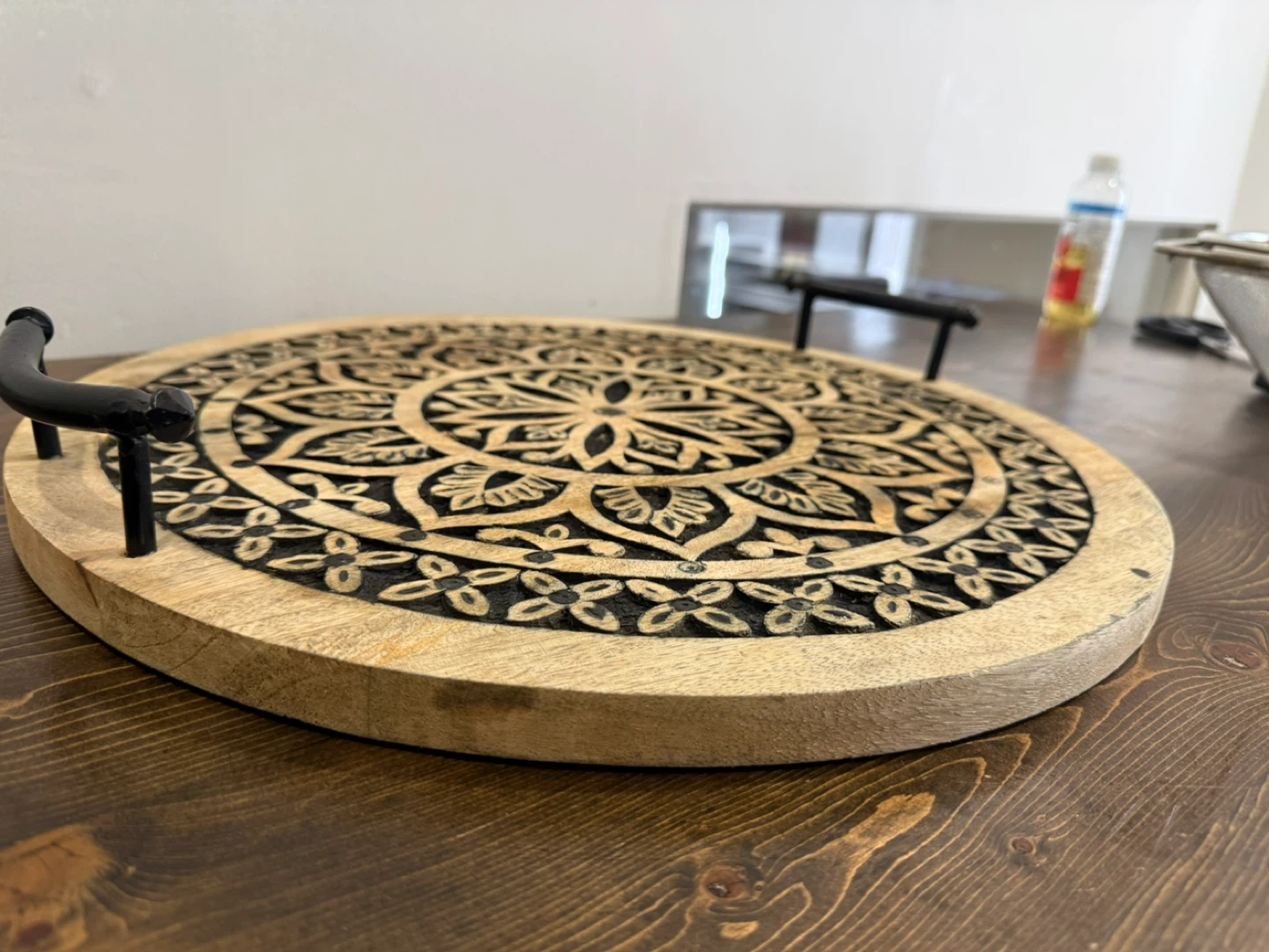 Round Carved Wood Serving Tray with Handles - photo 2