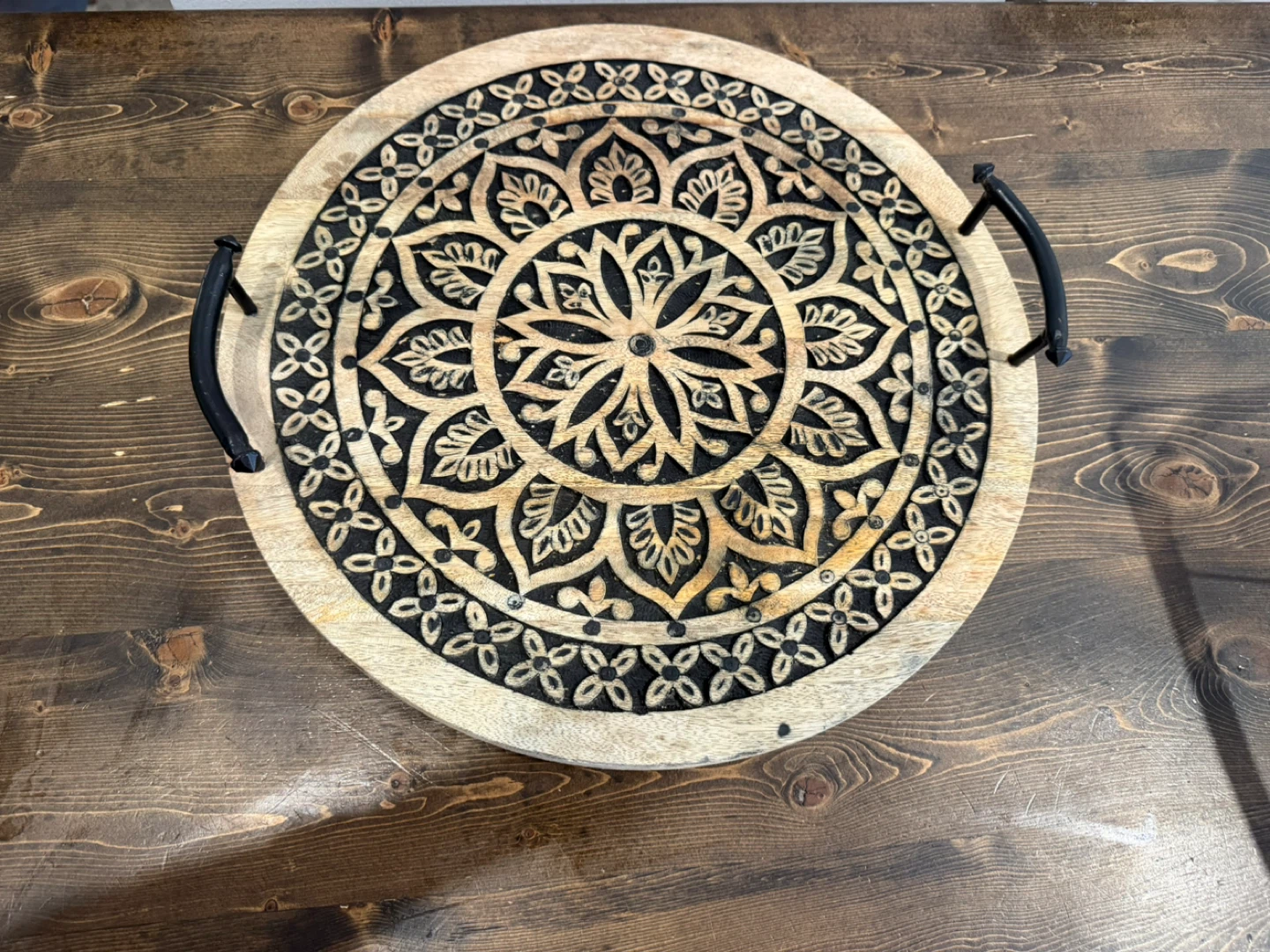 Round Carved Wood Serving Tray with Handles