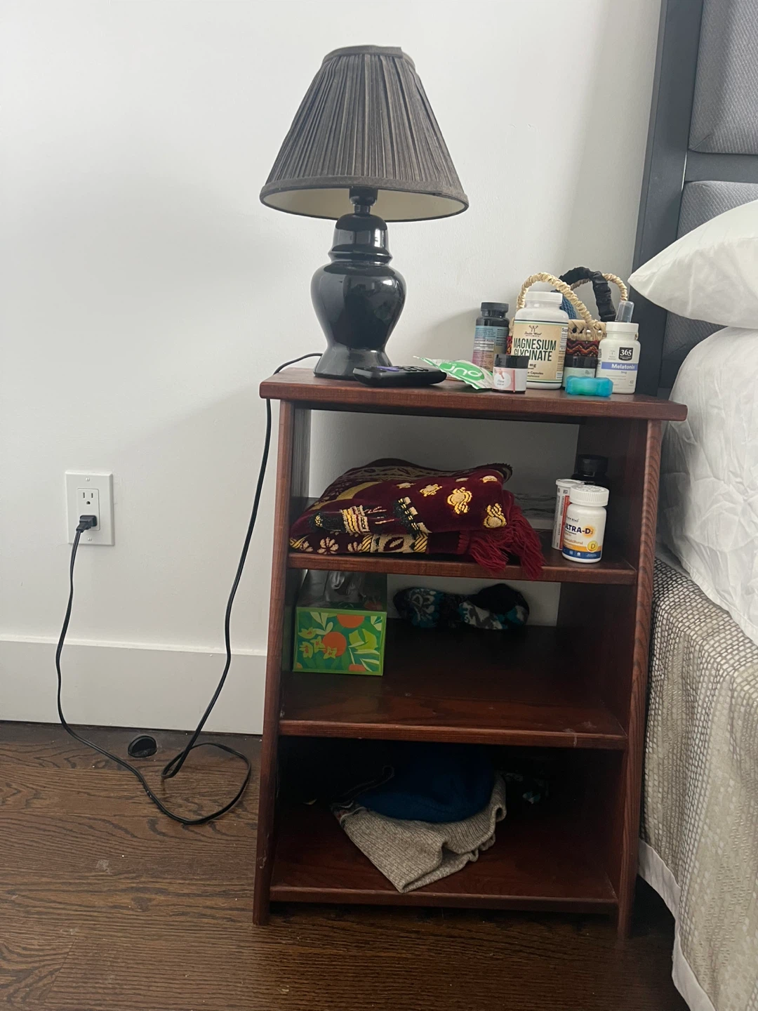 Dark Brown Wood Nightstand with Shelves