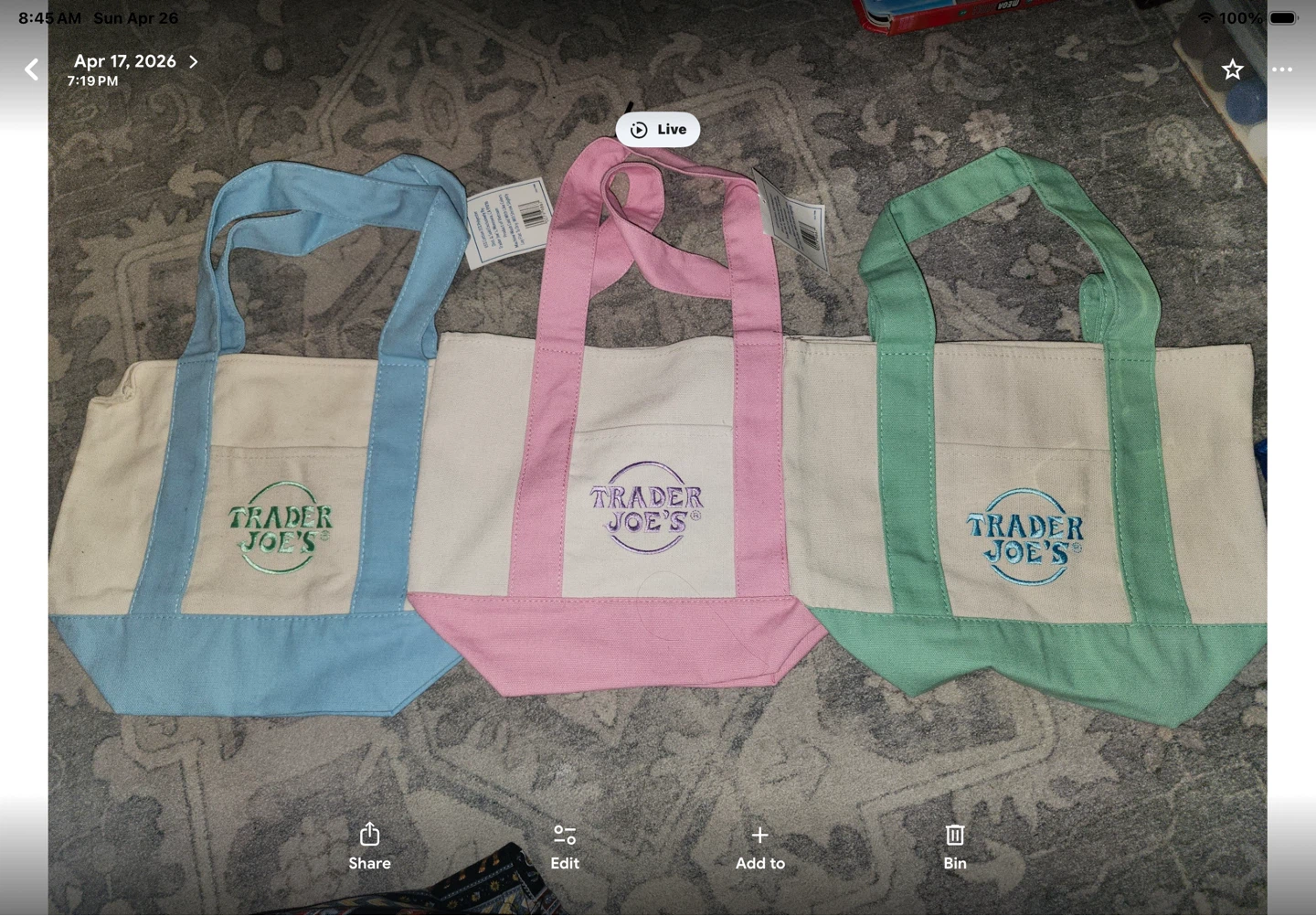 Trader Joe's Canvas Tote Bags - (Blue, Pink, Green) $10 each