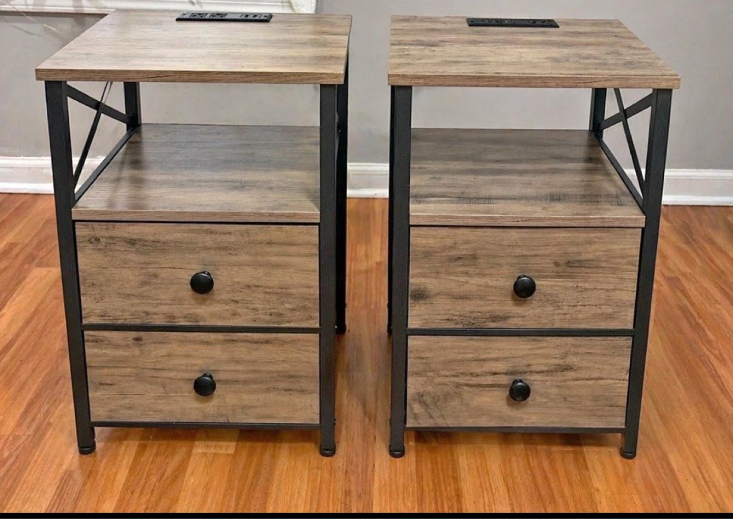 Set of 2 Rustic Brown Nightstands with Built-in USB Ports