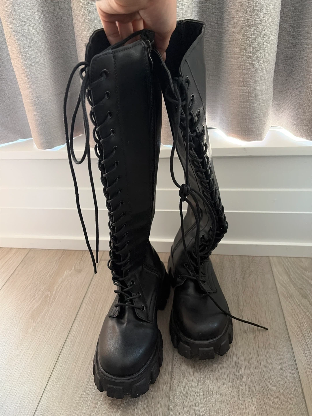 Black Lace-Up Knee-High Combat Boots