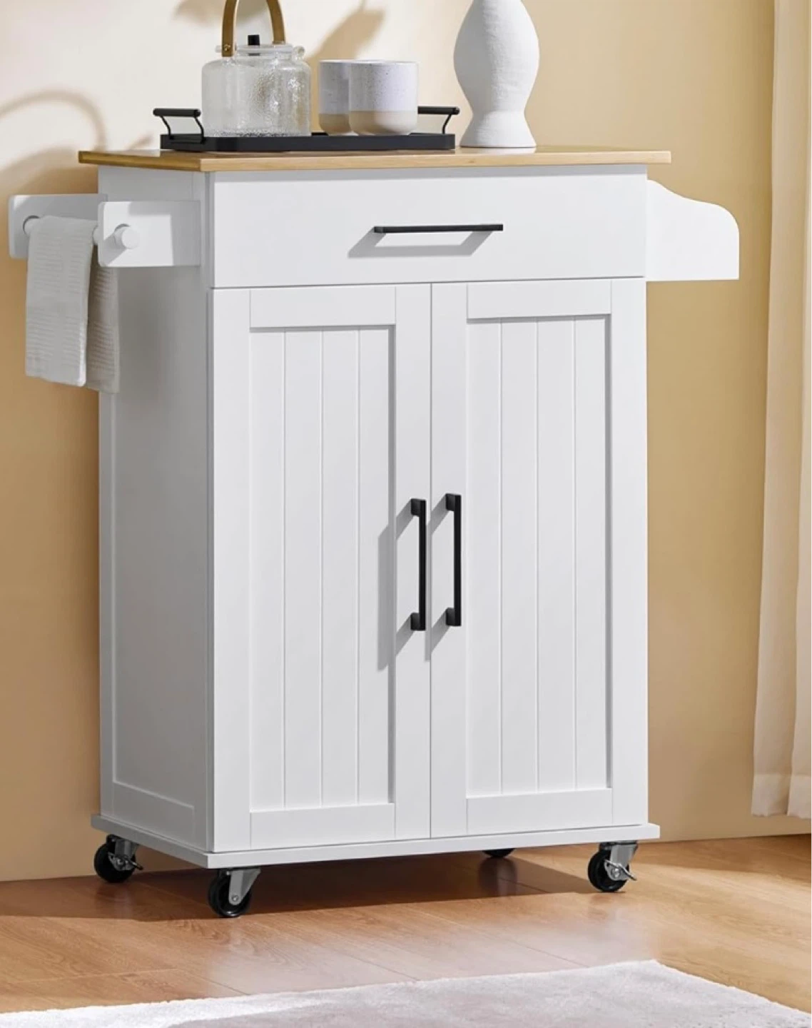 White Kitchen Cart with Bamboo Top