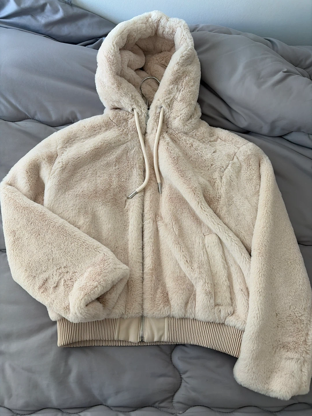 Zara Cream Faux Fur Hooded Jacket