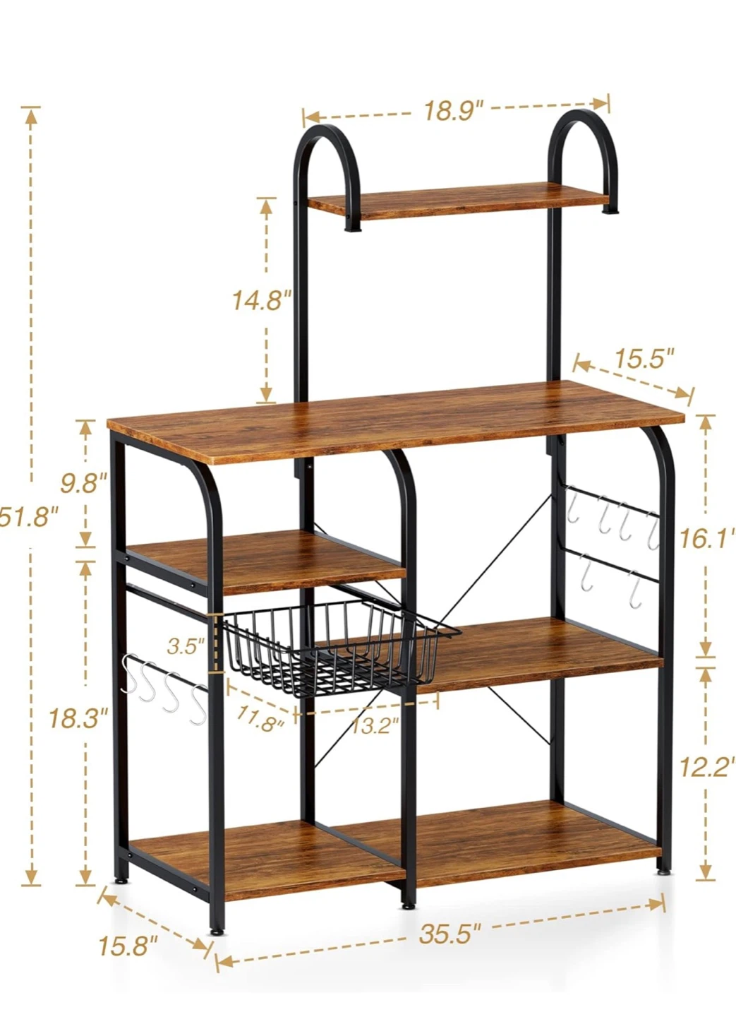 Kitchen Baker's Rack with Shelves and Hooks