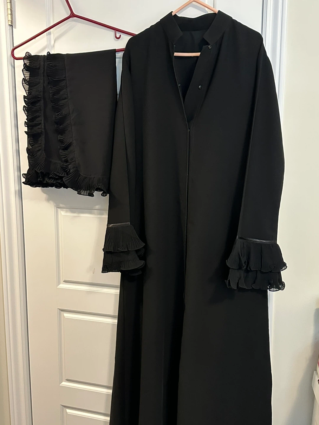 Black Abaya with Ruffled Sleeves and Scarf