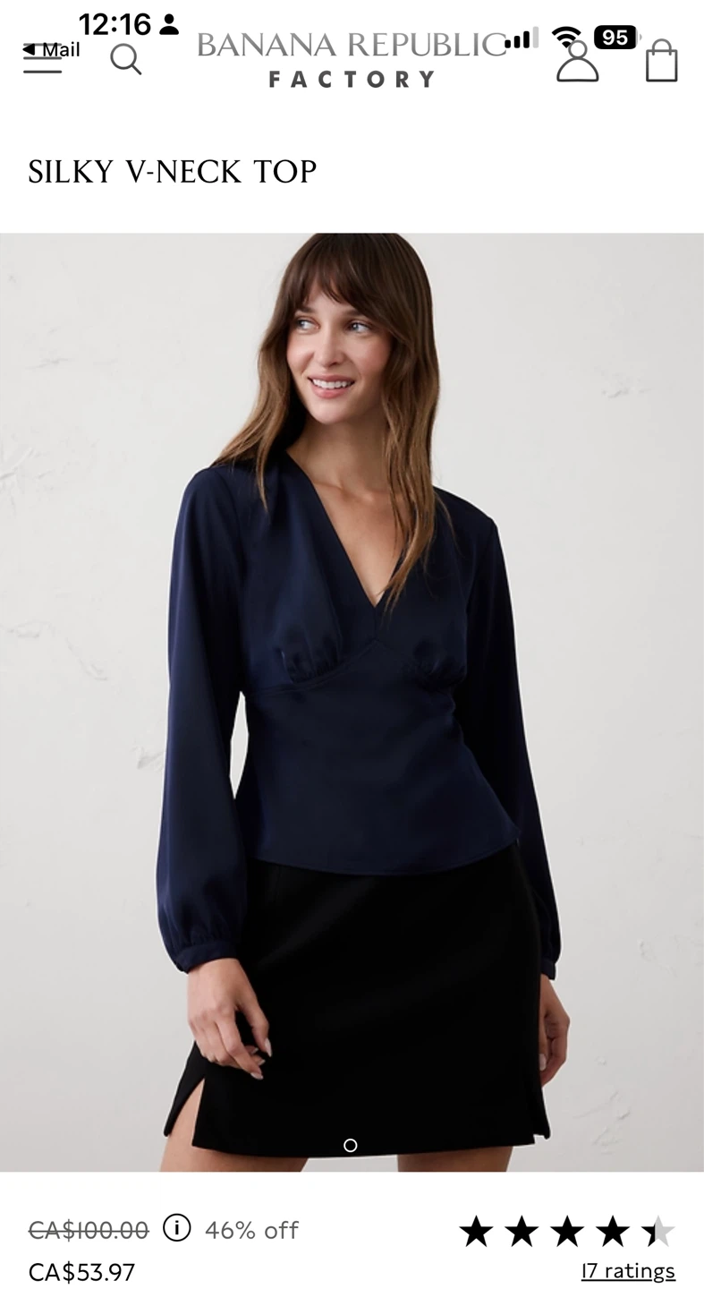 Banana Republic Silky V-Neck Top - Navy Blue - Size 2