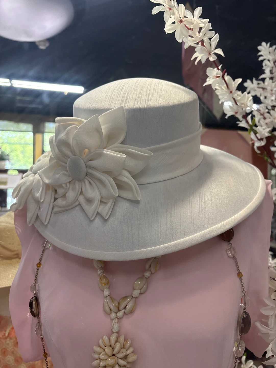 White Wide Brim Hat with Fabric Flower Accent