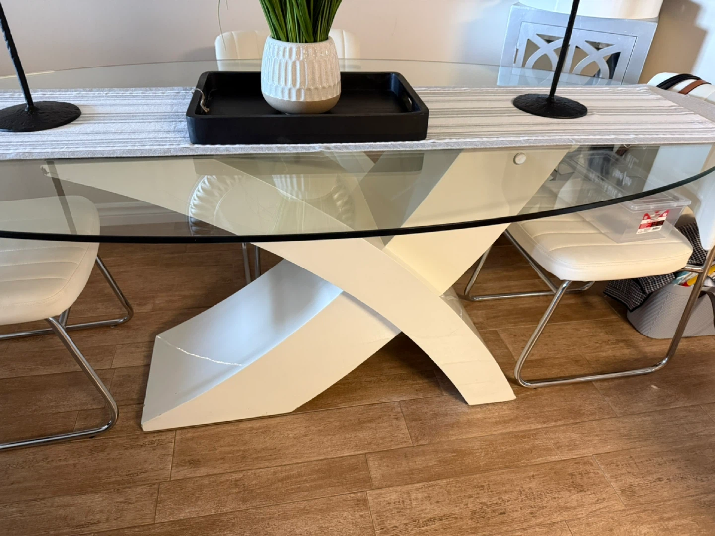 Glass Dining Table with White Pedestal Base