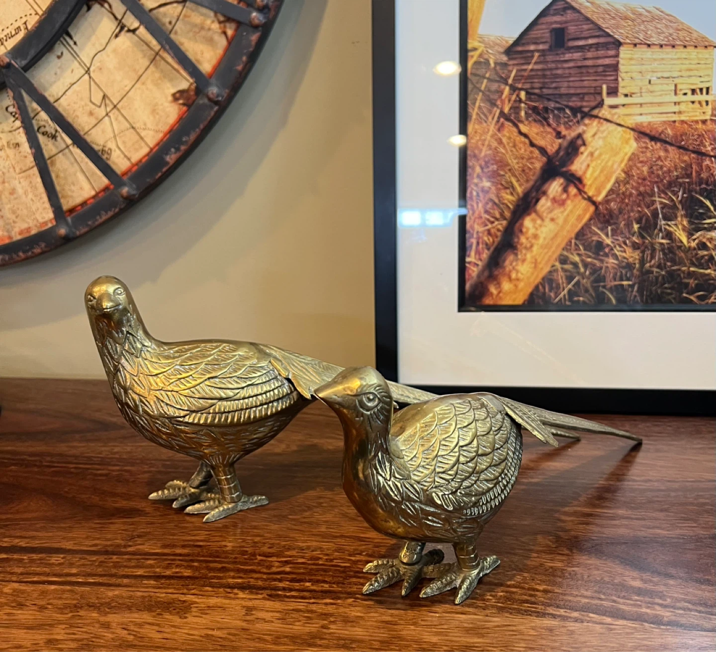 Mid Century Large Solid Brass Pheasants