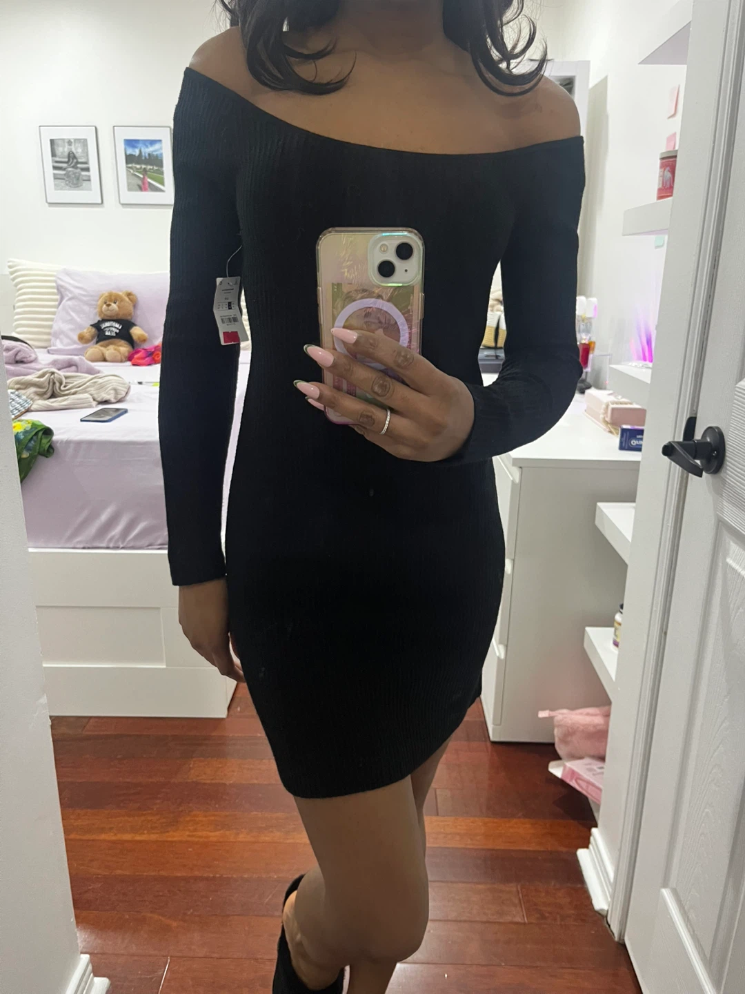 Black Off-the-Shoulder Ribbed Bodycon Dress