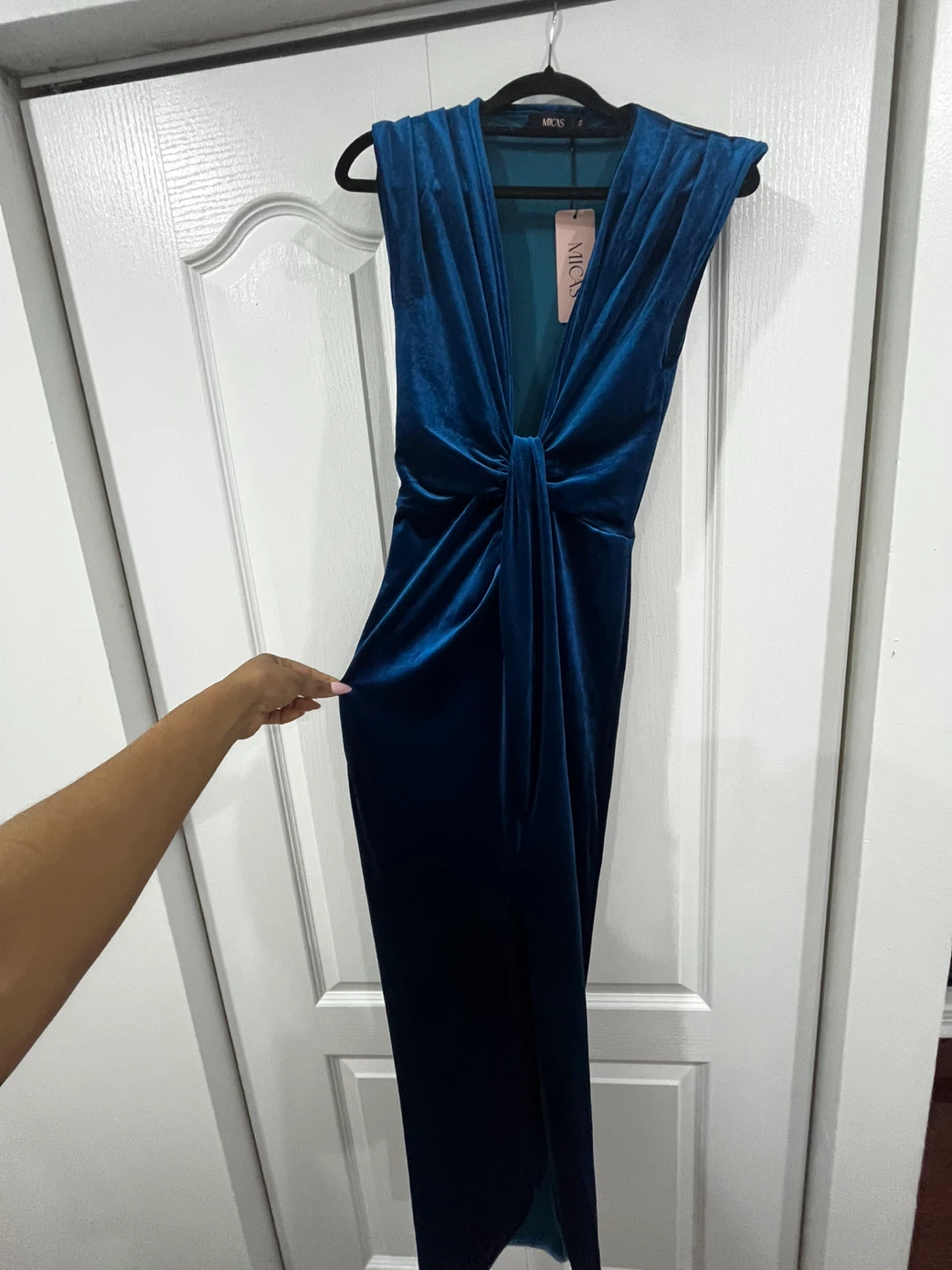 MICIA Deep Blue Velvet Maxi Dress with Slit