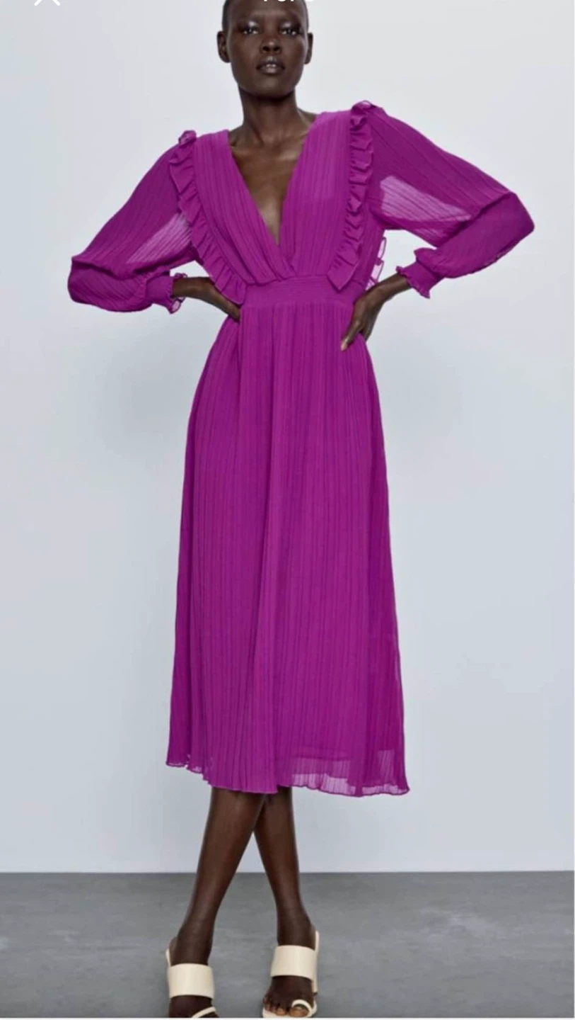 ZARA Purple Pleated Ruffle Midi Dress🌱