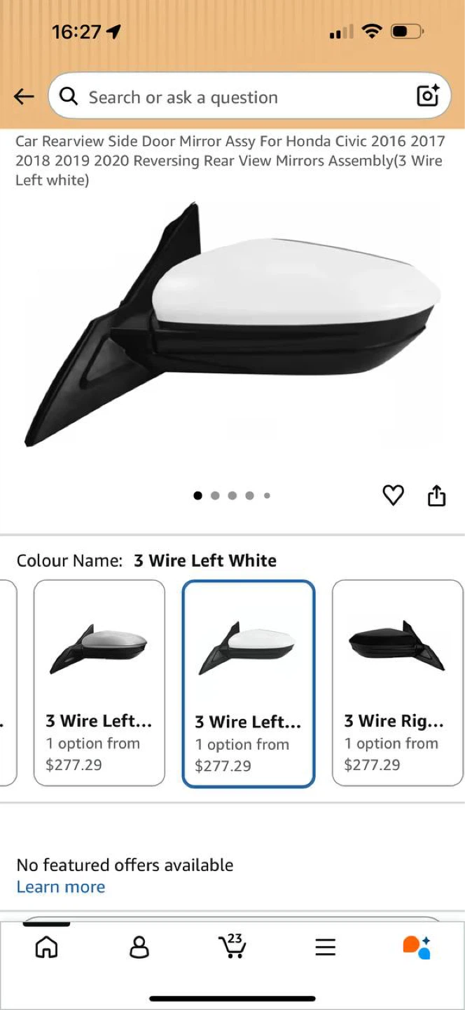 2016–2020 HONDA CIVIC LEFT SIDE MIRROR (3 WIRE)