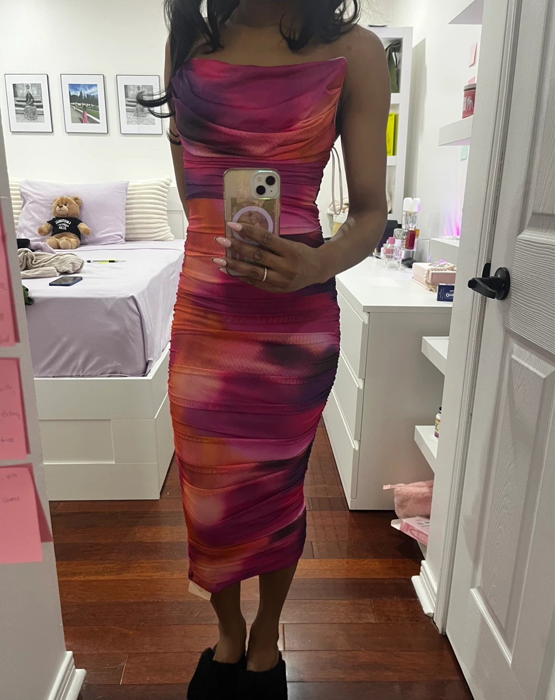 Ruched Strapless Bodycon Dress - Pink/Purple Tie-Dye