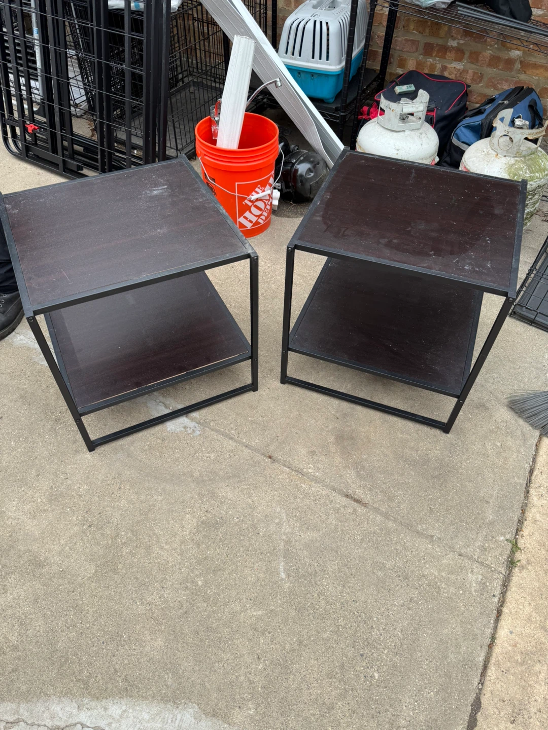 Set of 2 Dark Wood End Tables with Black Frames