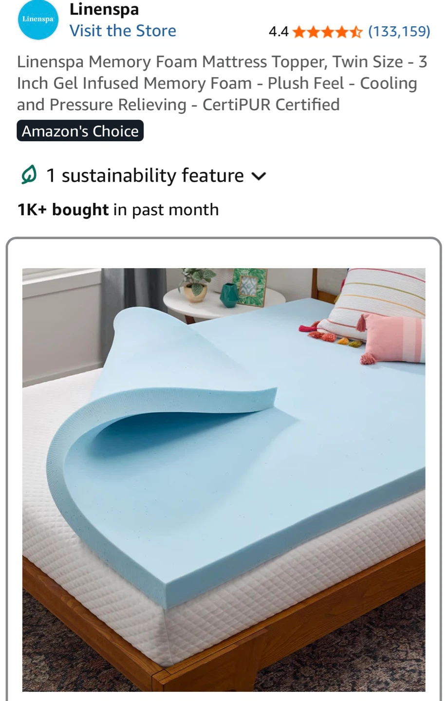 Linenspa Twin Size 3 Inch Memory Foam Mattress Topper