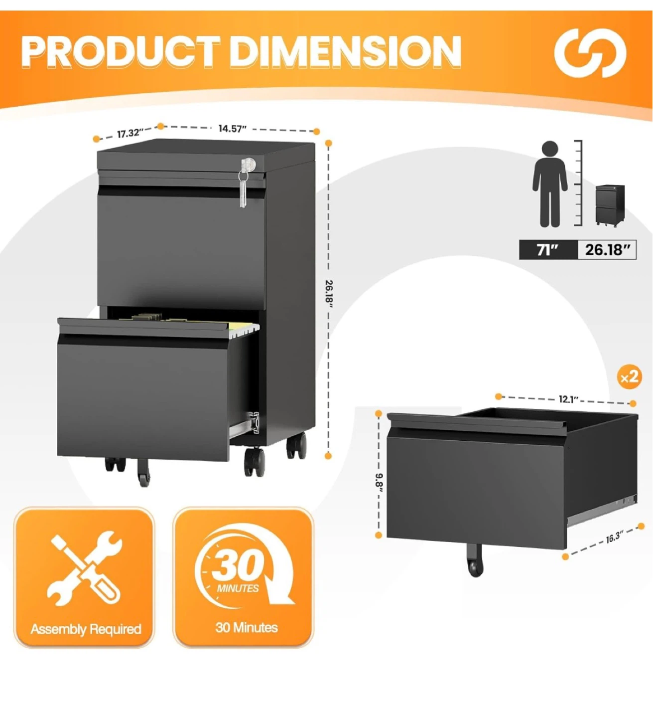 Black 2-Drawer Mobile File Cabinet - photo 2